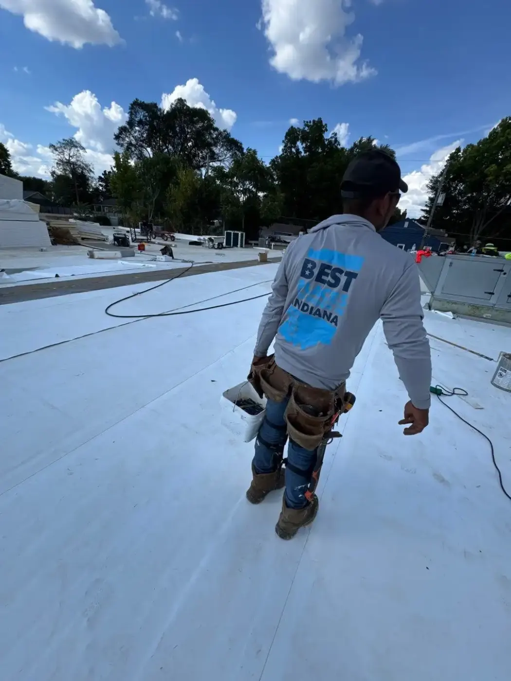 Storm damage documentation on a Bedford commercial building